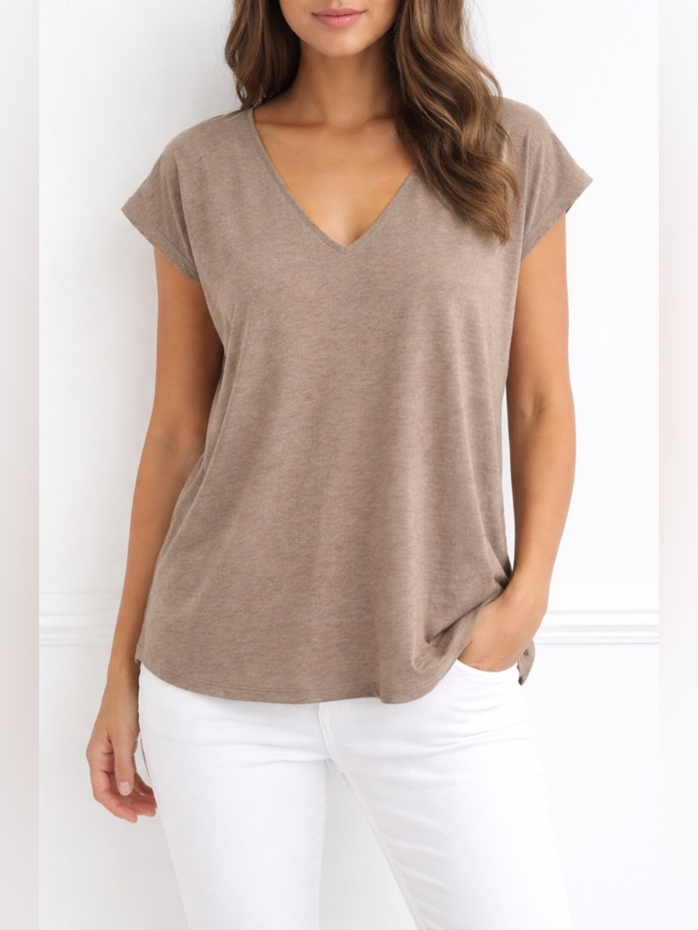 Majestic Filatures Linen Relaxed V-Neck Short Sleeve Tee in Taupe